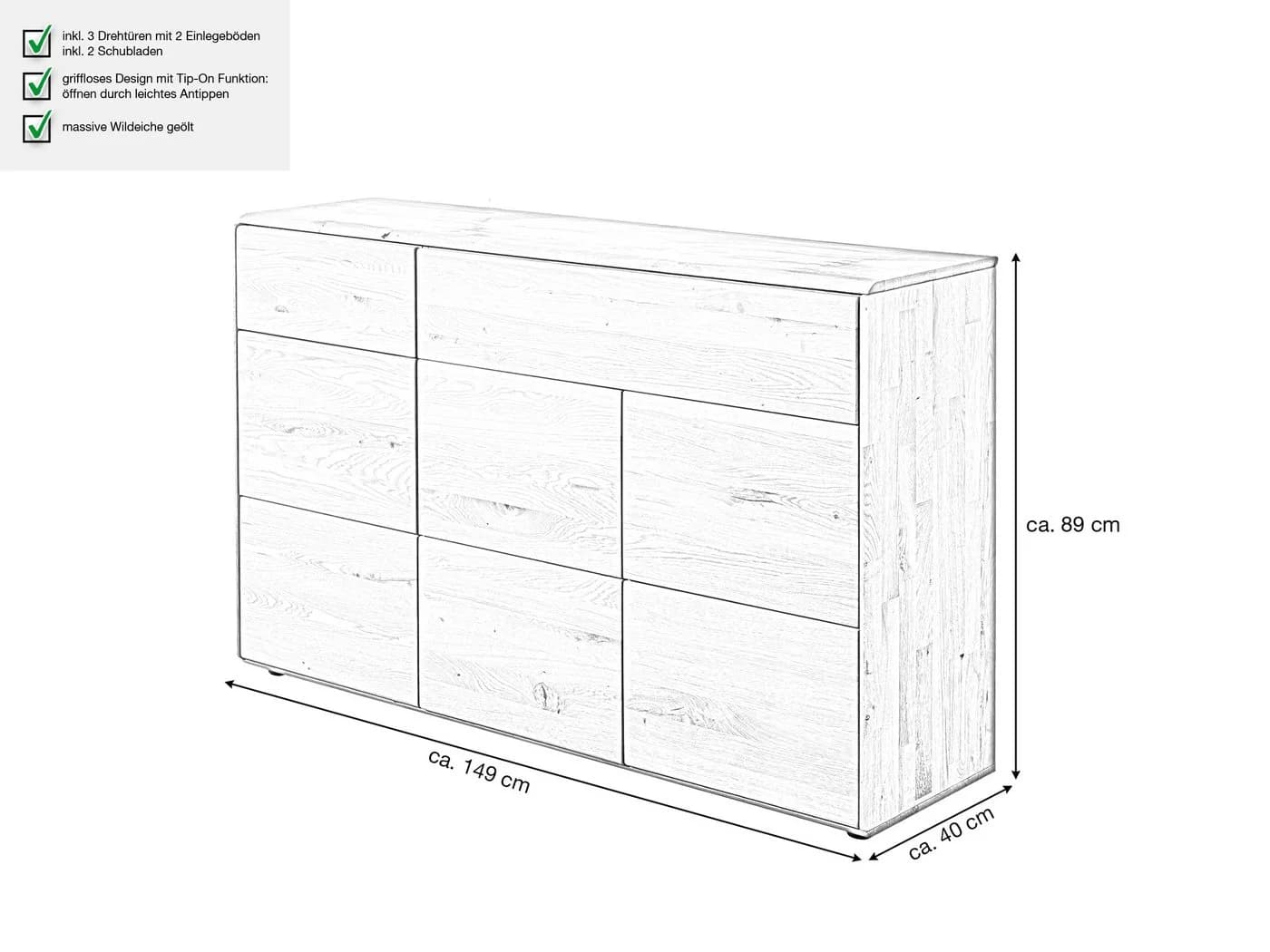 Massivart® Kommode SKOV Wildeiche geölt Massivholz 149 cm Breite - Bild 5