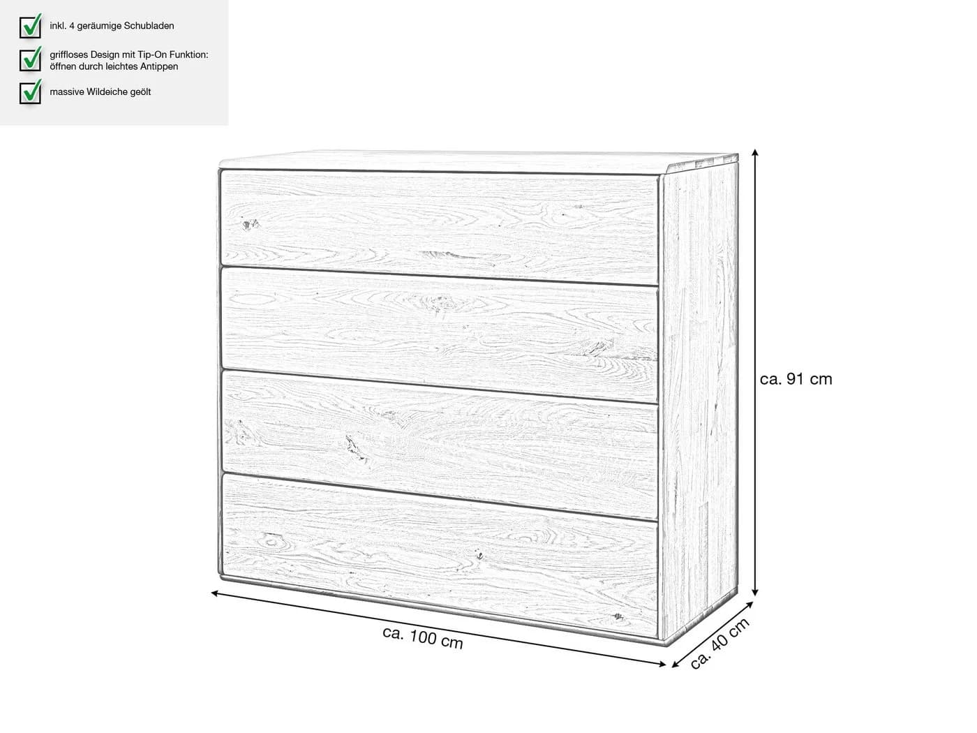 Massivart Kommode SKOV Wildeiche massiv geölt 4 Schubladen Tip-On - Bild 4