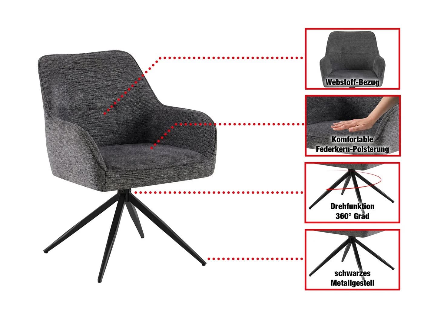 Massivart® Polsterstuhl JETTE drehbar 360° anthrazit Metallgestell - Bild 4