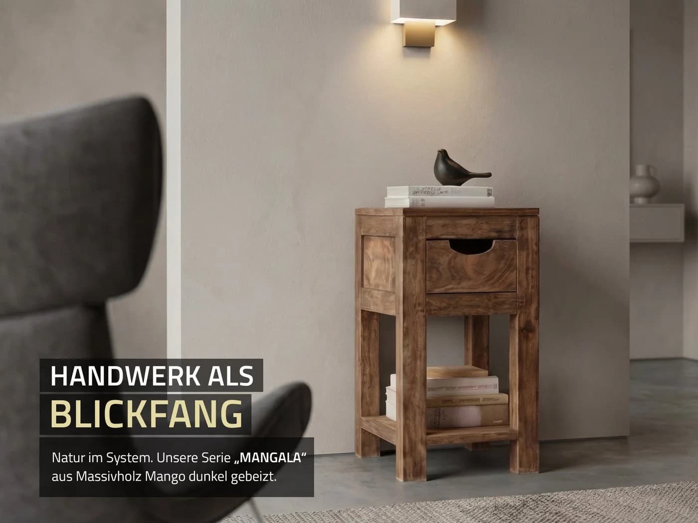 Massivart® Beistelltisch Mangoholz gebeizt MANGALA mit Schublade - Bild 4