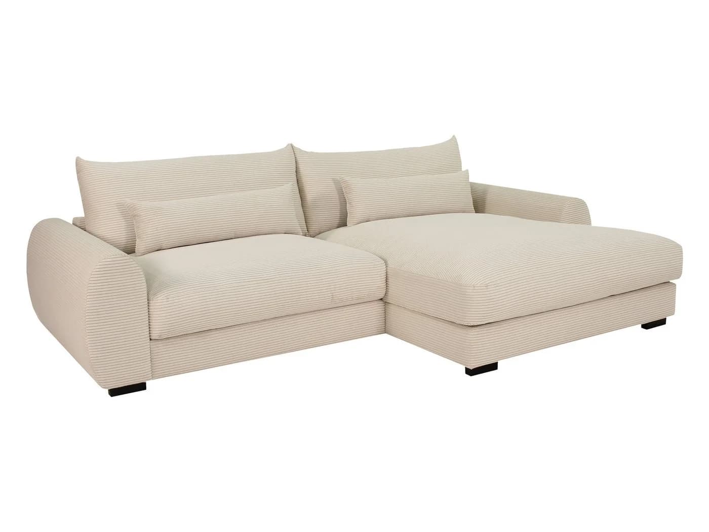 Massivart Ecksofa Cord Creme mit Ottomane und Kissen-Set