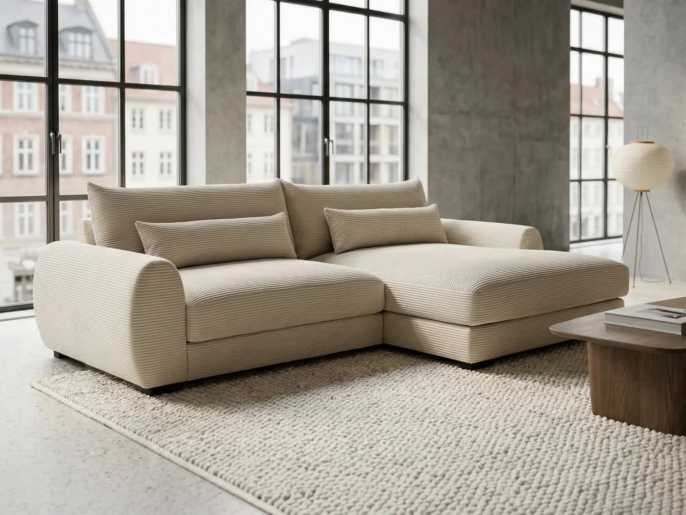 Massivart Ecksofa Cord Creme mit Ottomane und Kissen-Set - Bild 2