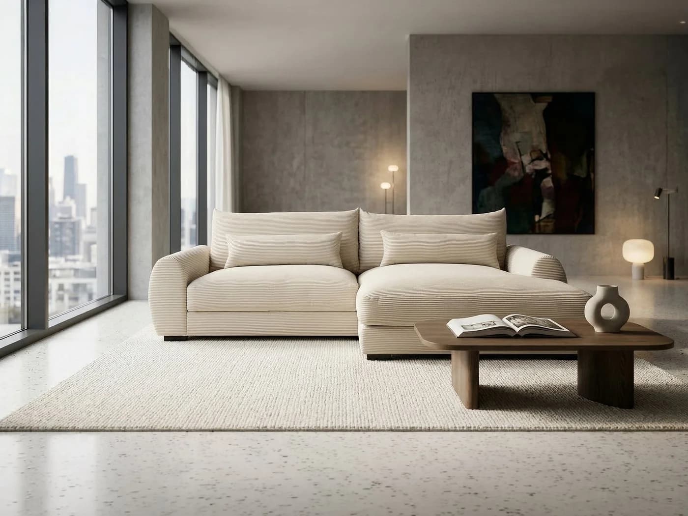 Massivart Ecksofa Cord Creme mit Ottomane und Kissen-Set - Bild 3