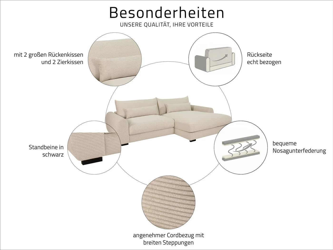 Massivart Ecksofa Cord Creme mit Ottomane und Kissen-Set - Bild 4