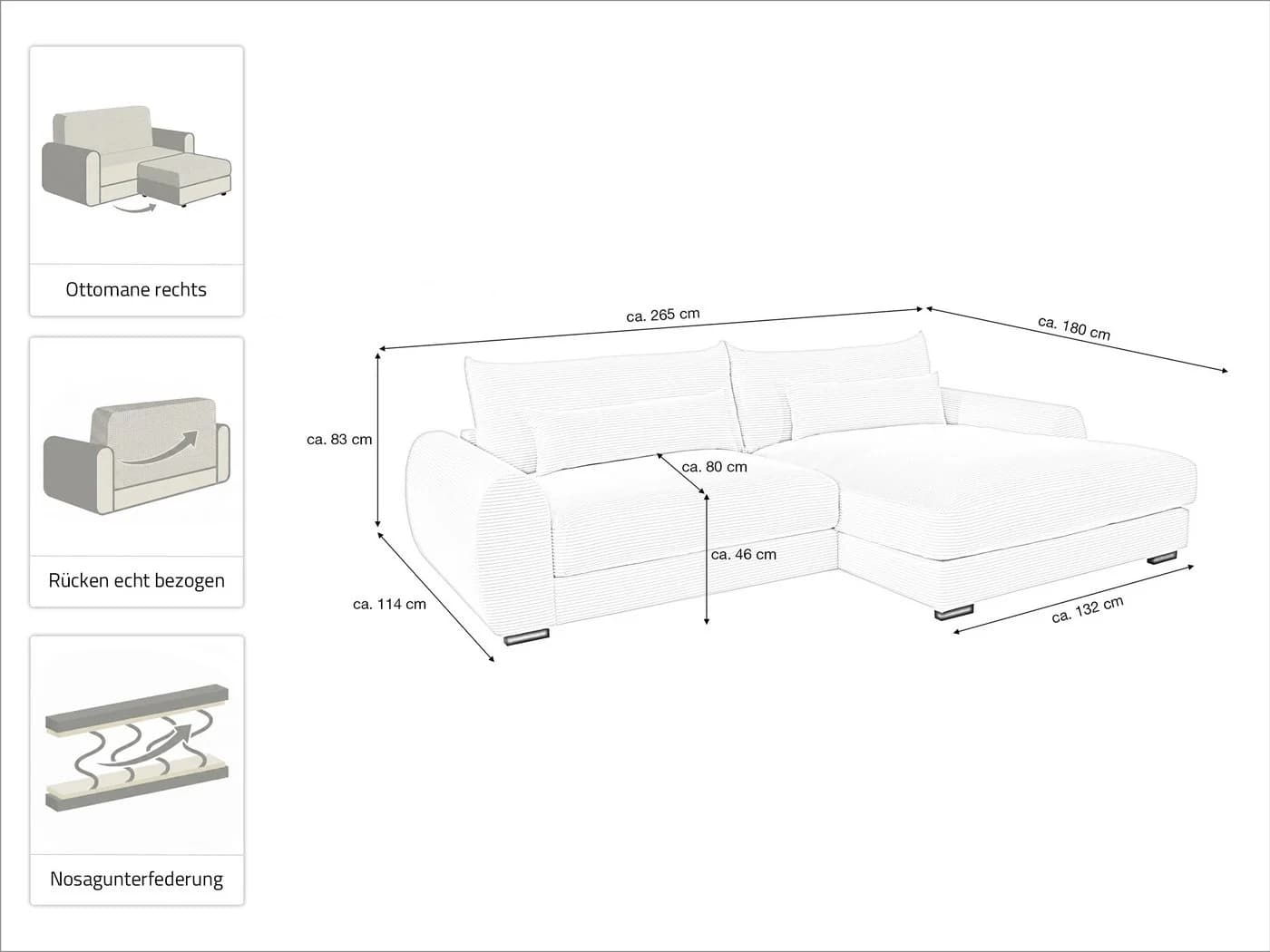 Massivart Ecksofa Cord Creme mit Ottomane und Kissen-Set - Bild 5