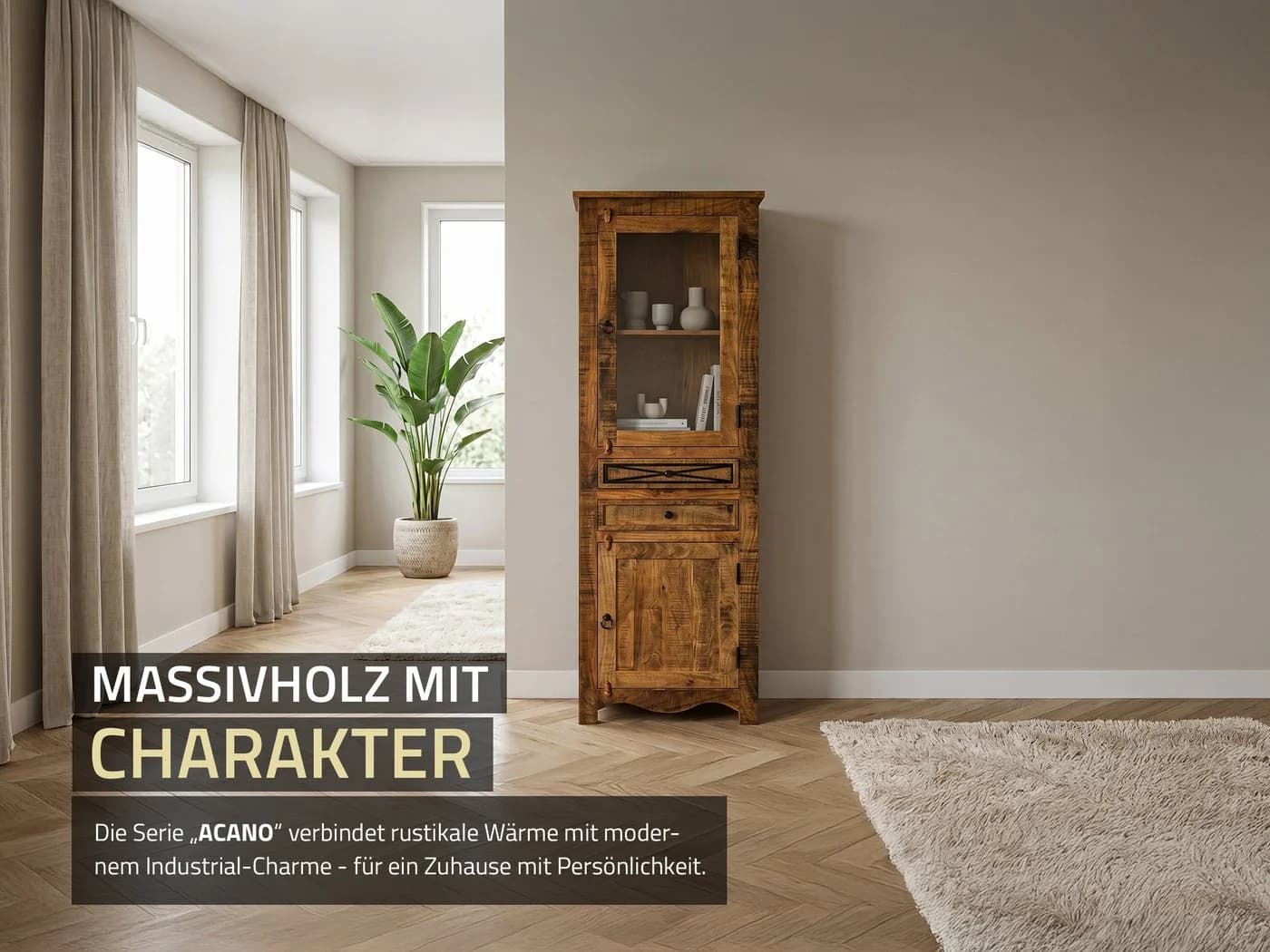 Massivart® Glasvitrine ACANO Massivholz Akazie lackiert 2 Türen 2 Schubladen - Bild 3