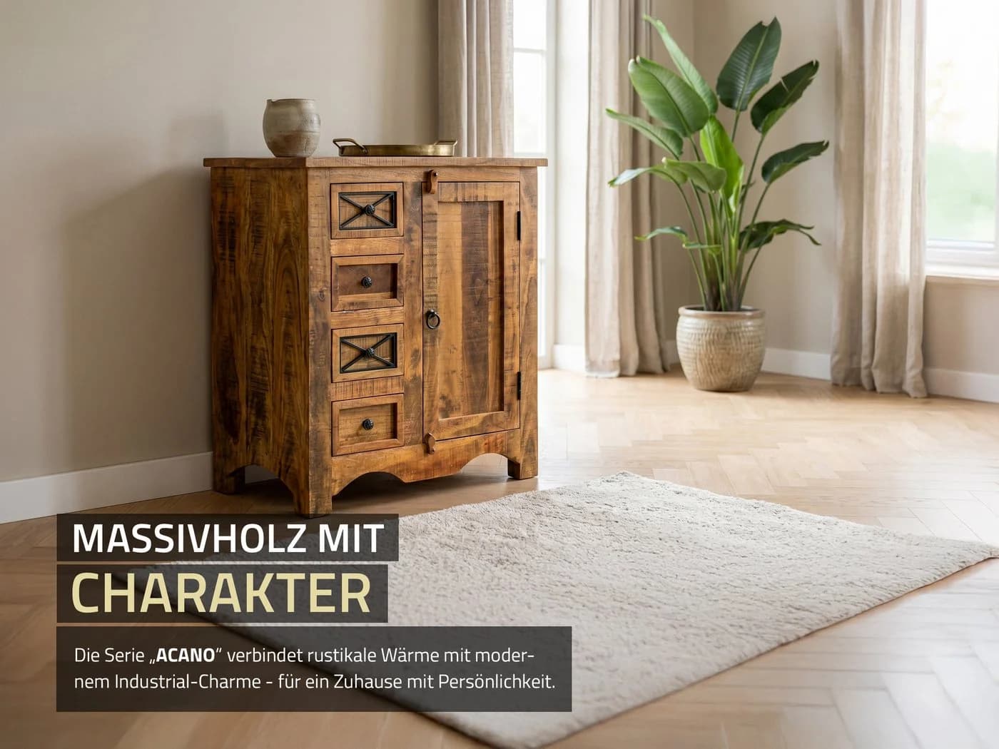 Massivart Sideboard Akazie massiv lackiert rustikal mit 1 Tür 4 Schubladen - Bild 3