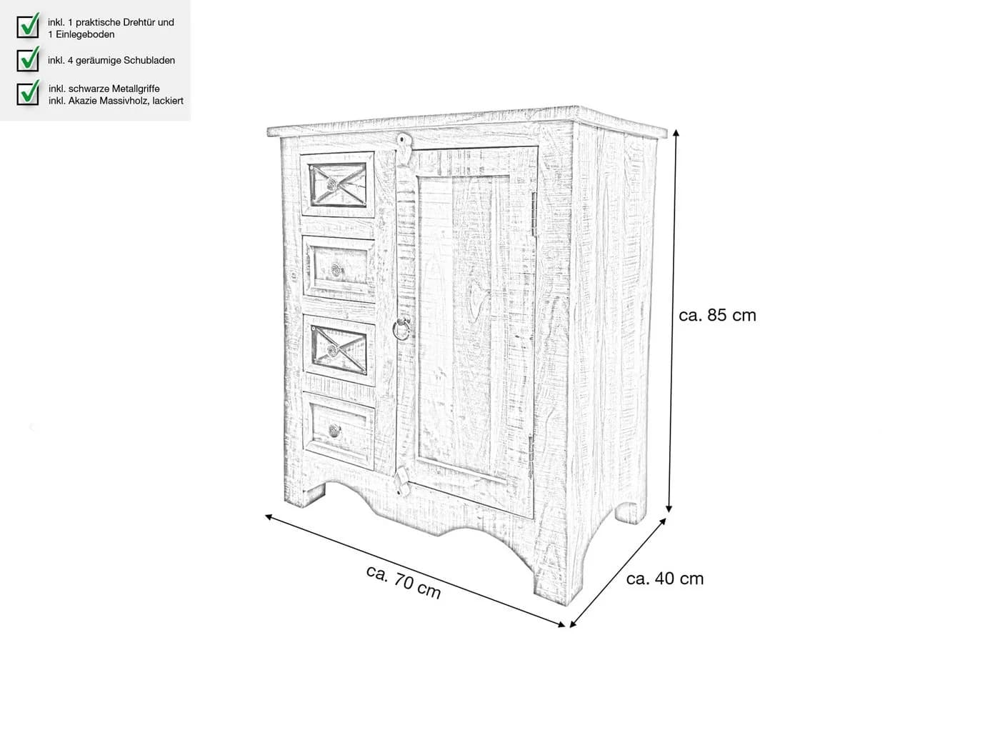 Massivart Sideboard Akazie massiv lackiert rustikal mit 1 Tür 4 Schubladen - Bild 4