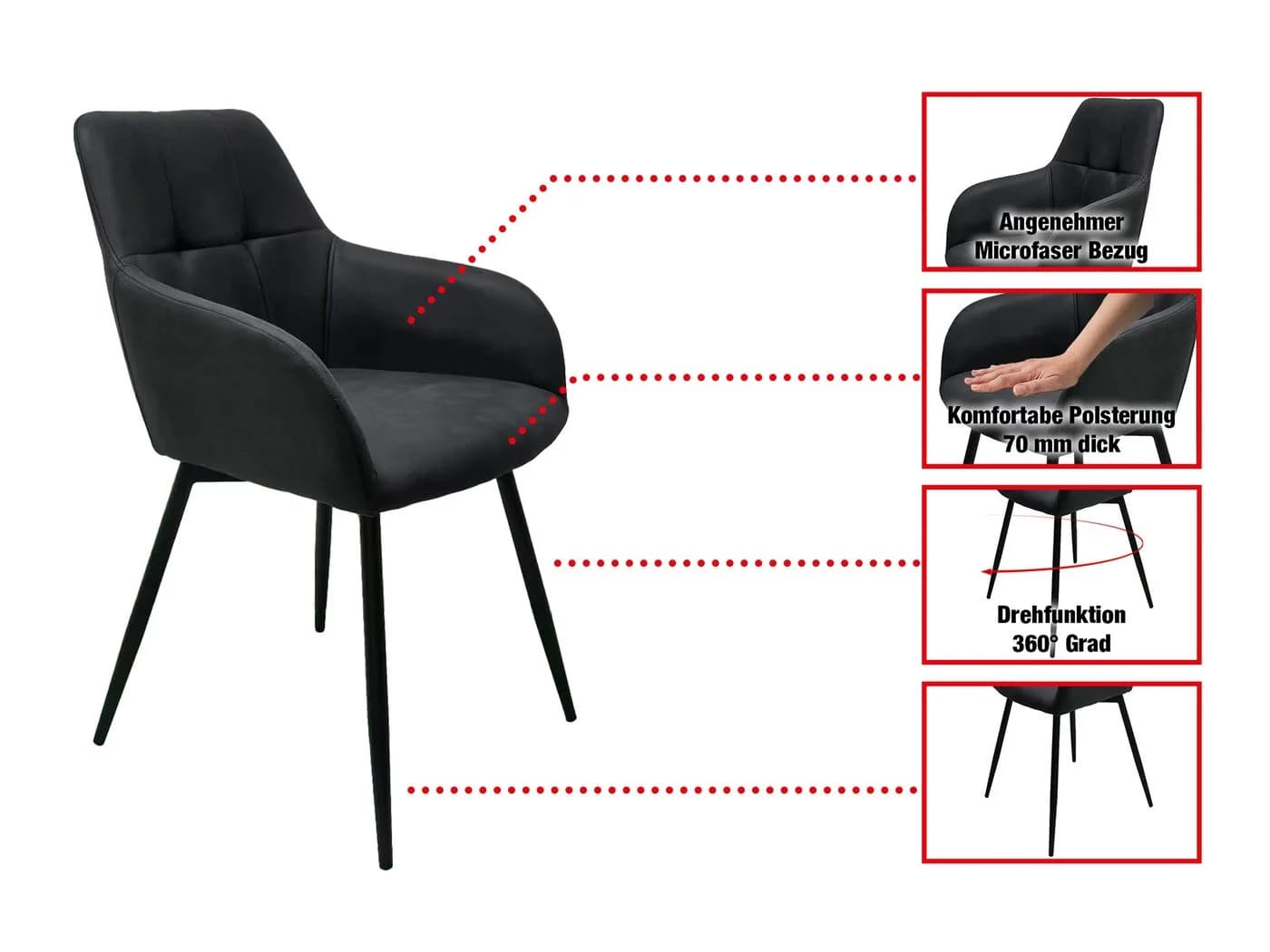 Massivart Polsterstuhl AIDEN Anthrazit 360° drehbar mit Armlehnen - Bild 3