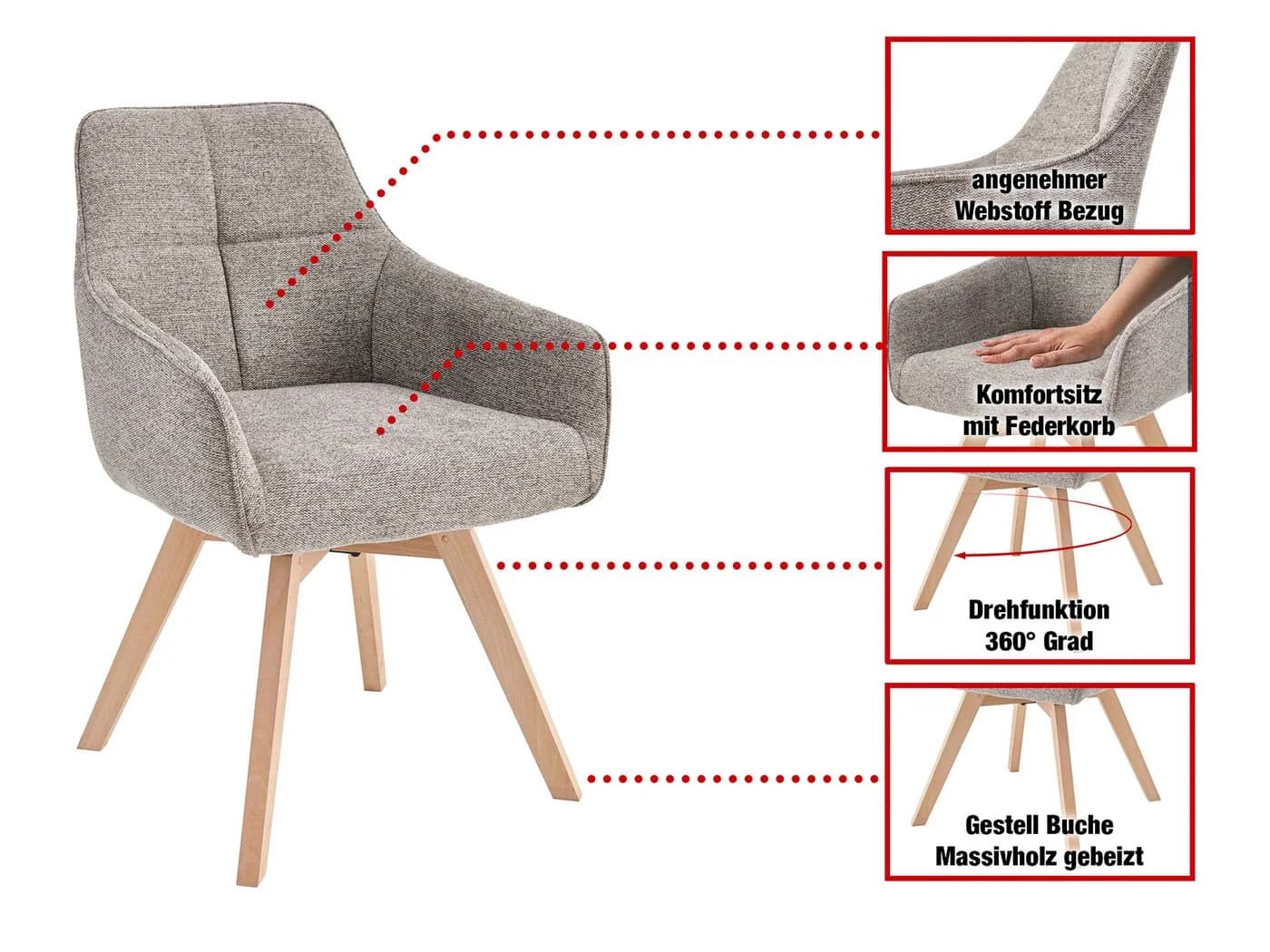 Massivart® Polsterstuhl LIPARI 360° drehbar mit Armlehnen Webstoff Beige - Bild 3