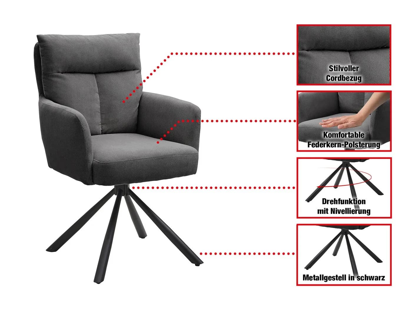 Massivart® Esszimmerstuhl SOFIA drehbar mit Armlehne Cord grau - Bild 3