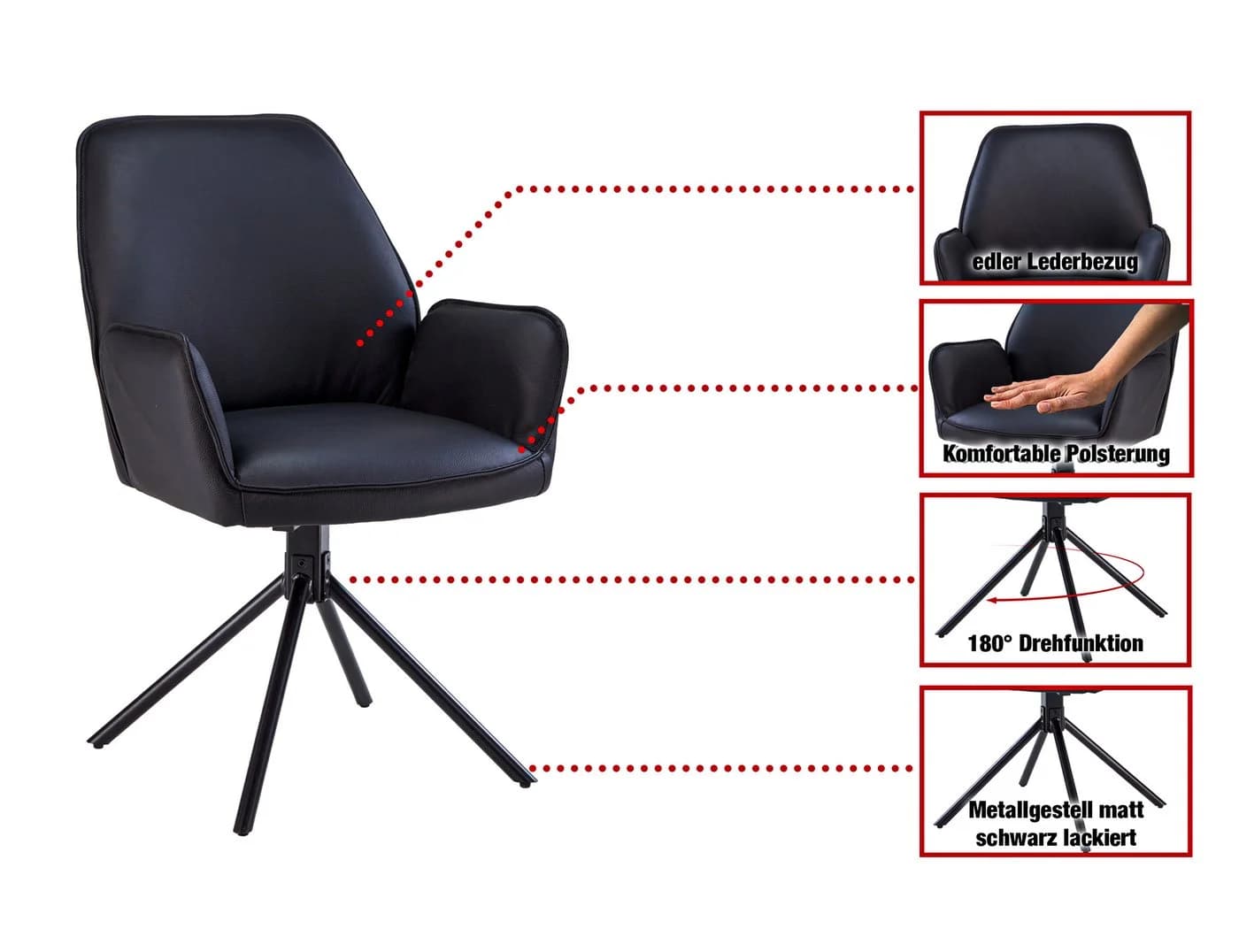 Massivart® Polsterstuhl COVELO Echtleder Schwarz Drehbar 180° - Bild 3