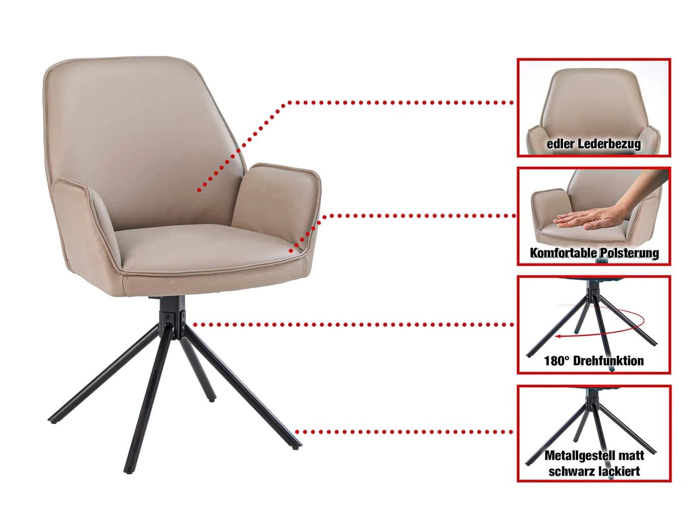 Massivart® Polsterstuhl COVELO Echtleder drehbar beige Metallgestell - Bild 3