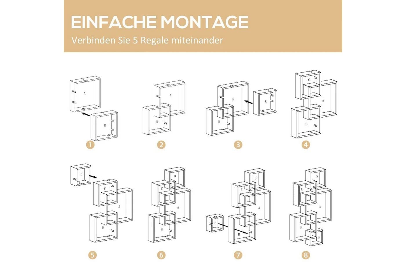 HOMCOM Wandregal Schweberegal 5 Würfel Weiß Massivholz - Bild 5