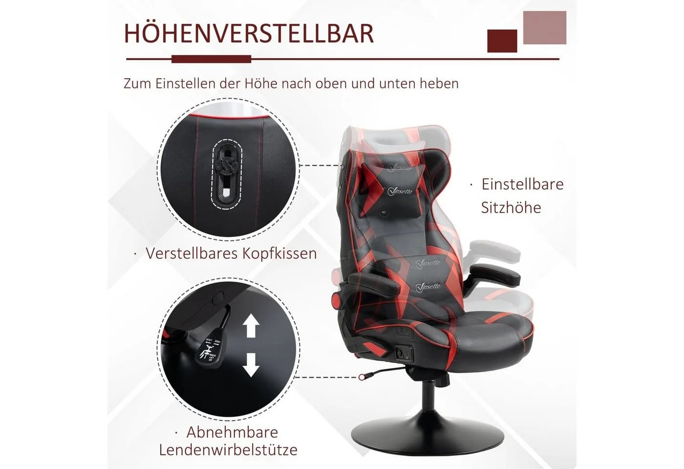 Vinsetto Gaming Stuhl höhenverstellbar mit Bluetooth Lautsprechern Rot Schwarz - Bild 5