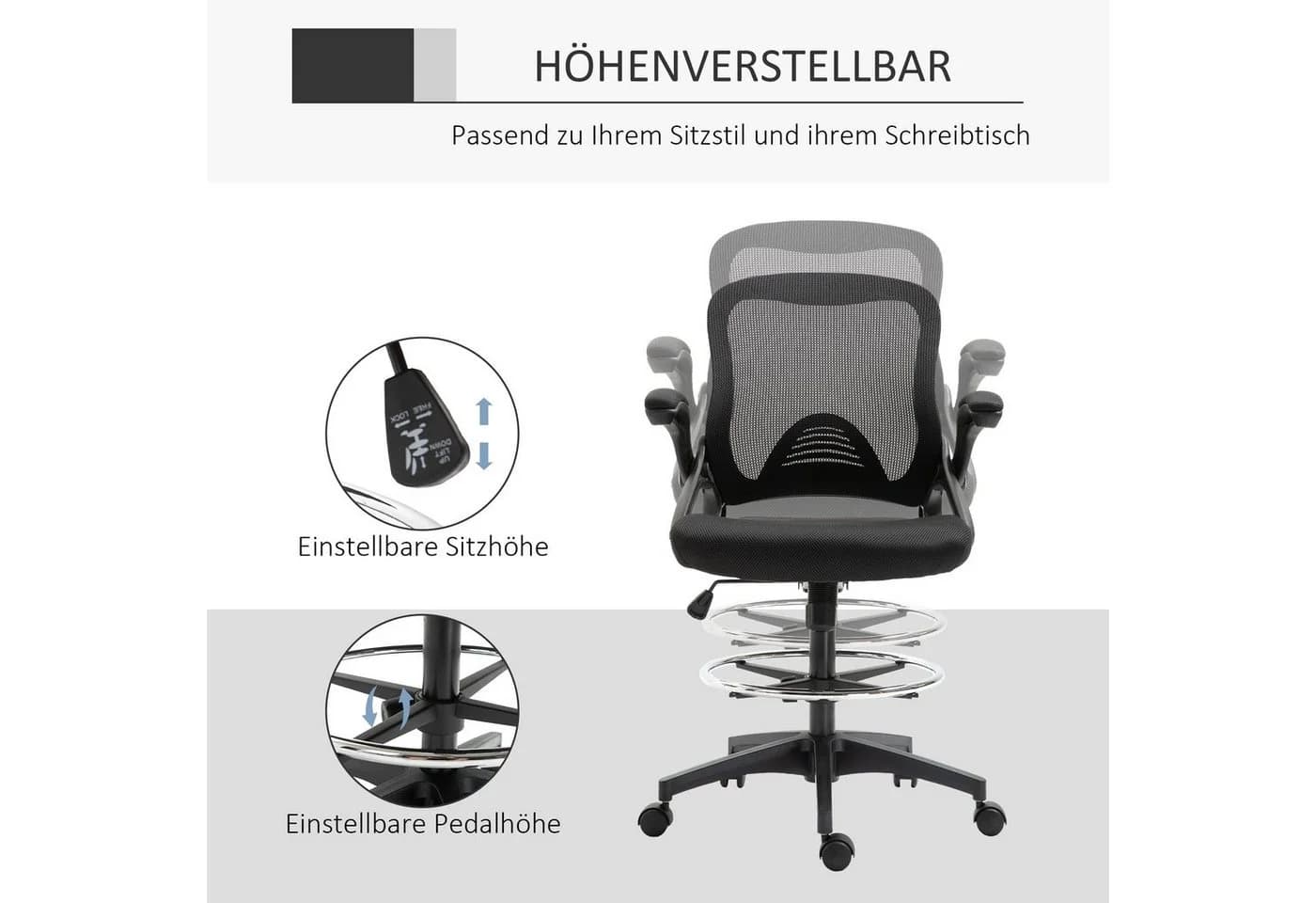 Vinsetto Ergonomischer Mesh Schreibtischstuhl Schwarz Höhenverstellbar - Bild 4