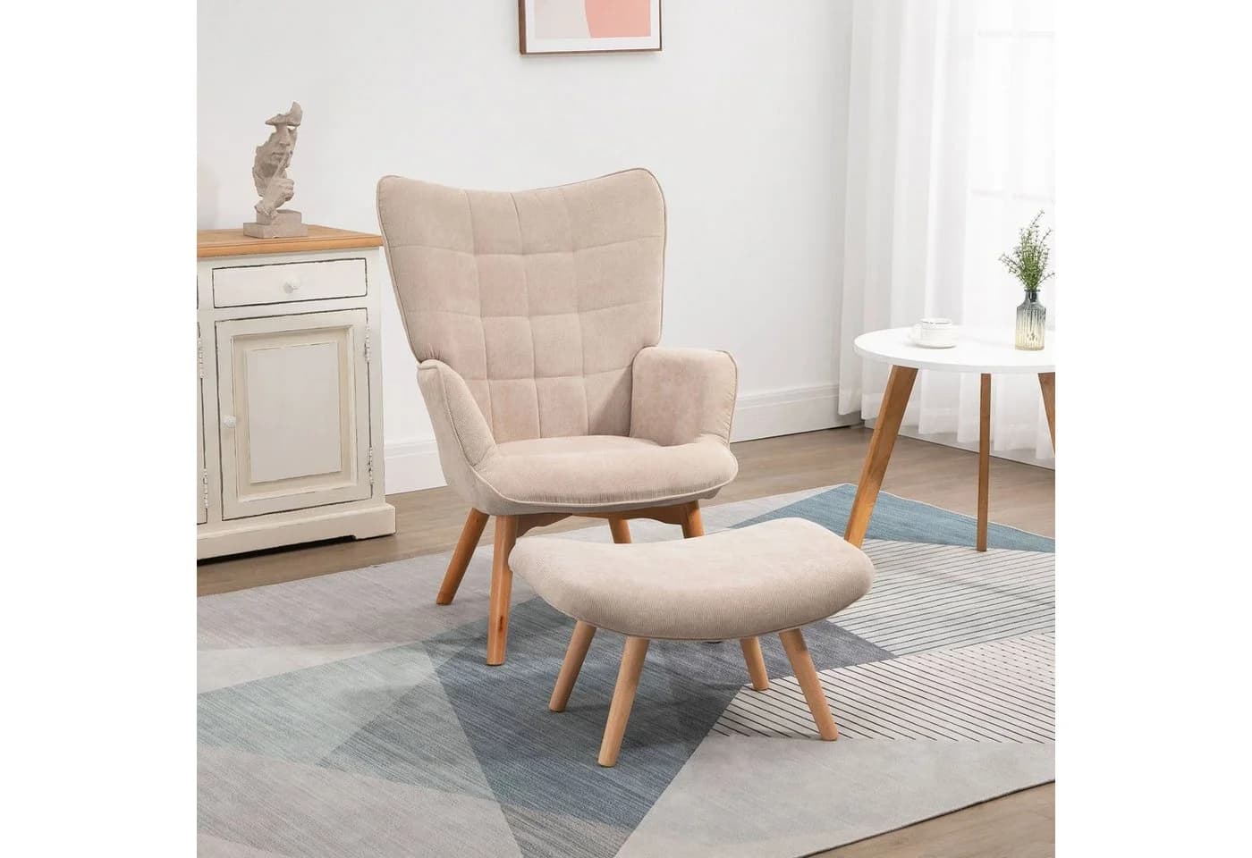 HOMCOM Relaxsessel Loungesessel mit Hocker Beige Cord-Optik - Bild 2