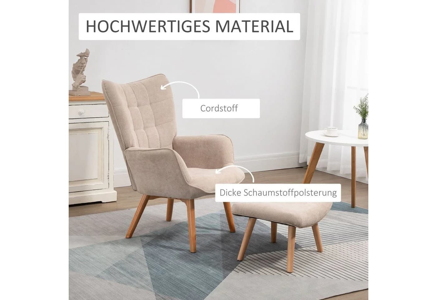 HOMCOM Relaxsessel Loungesessel mit Hocker Beige Cord-Optik - Bild 4