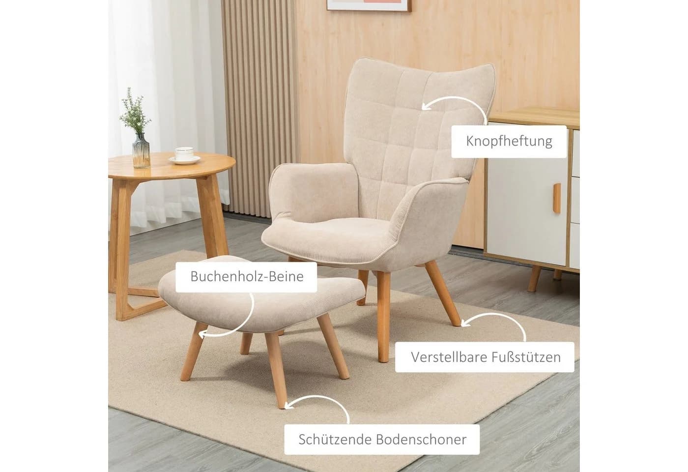 HOMCOM Relaxsessel Loungesessel mit Hocker Beige Cord-Optik - Bild 5