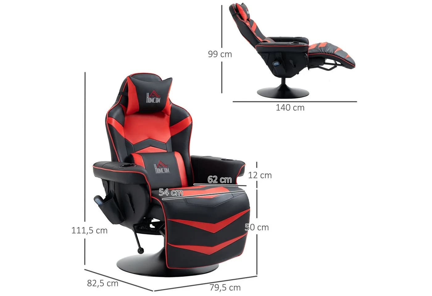 HOMCOM Massagesessel mit Fußstütze Liegefunktion Gaming Chair Schwarz/Rot - Bild 3