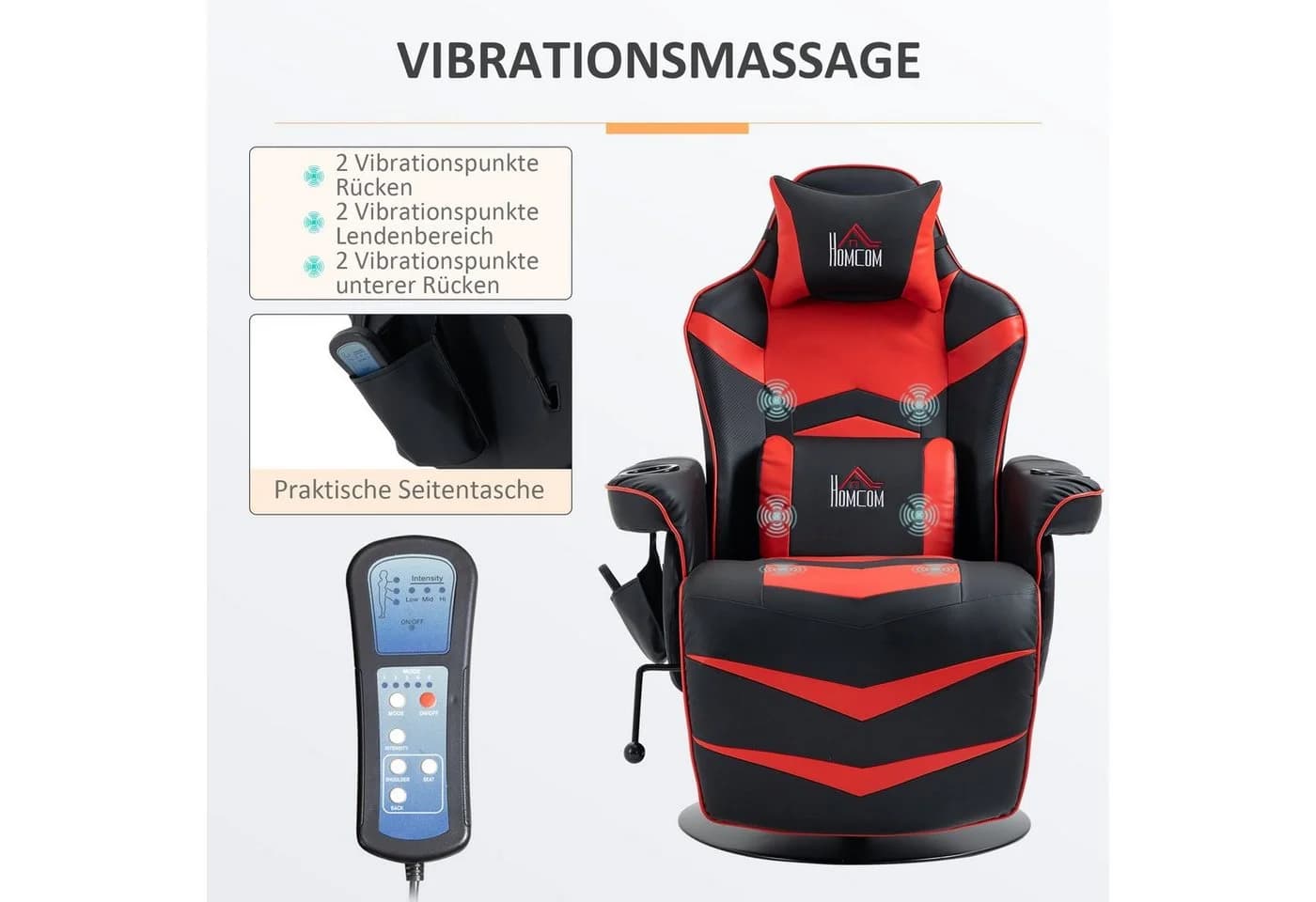 HOMCOM Massagesessel mit Fußstütze Liegefunktion Gaming Chair Schwarz/Rot - Bild 4