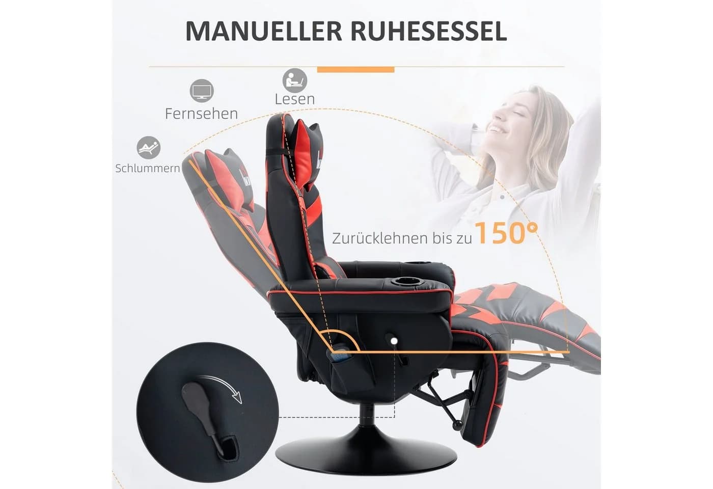 HOMCOM Massagesessel mit Fußstütze Liegefunktion Gaming Chair Schwarz/Rot - Bild 5
