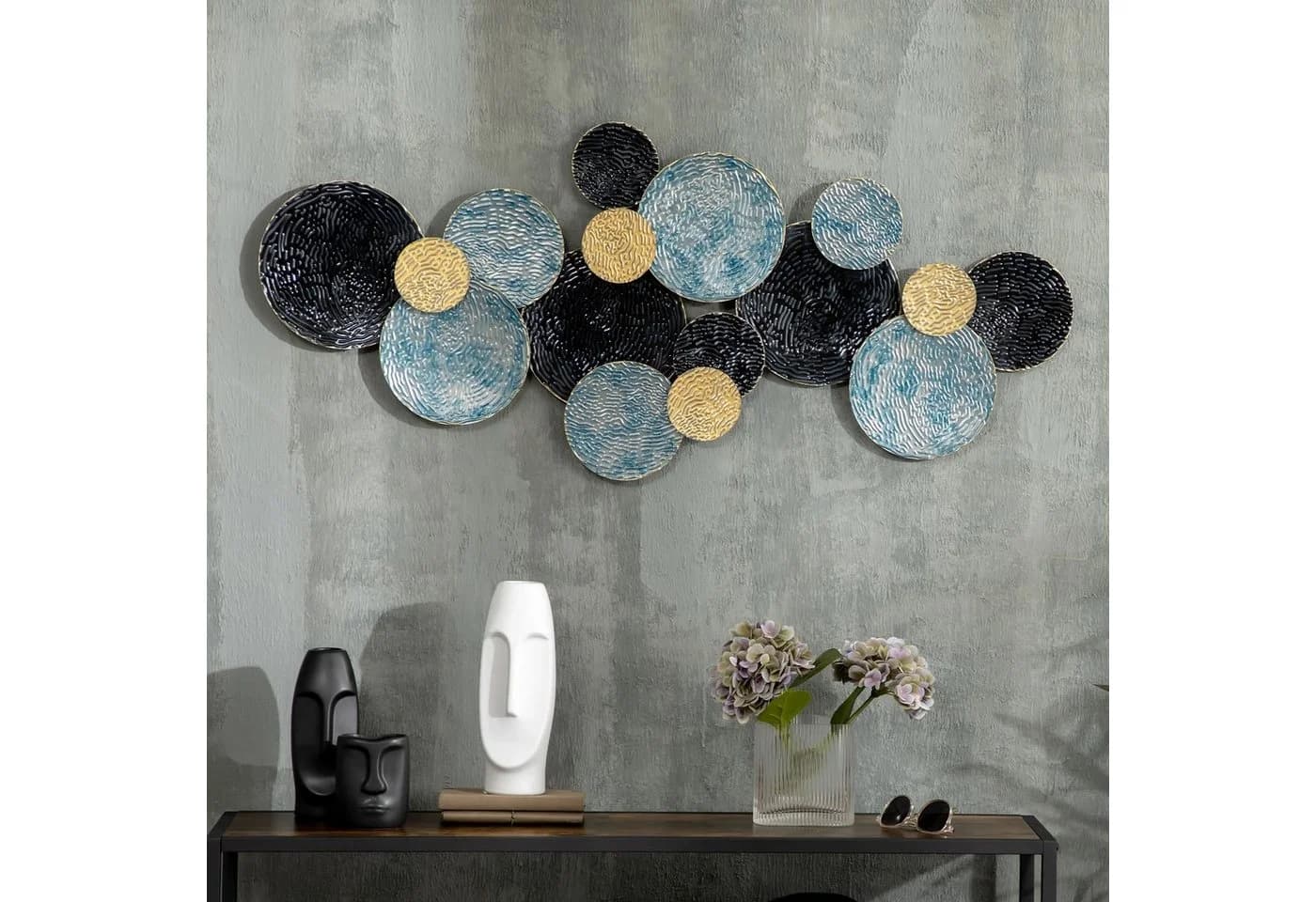 HOMCOM Wandbild 3D Metall Wandskulptur Modern Blau Gold Schwarz - Bild 2