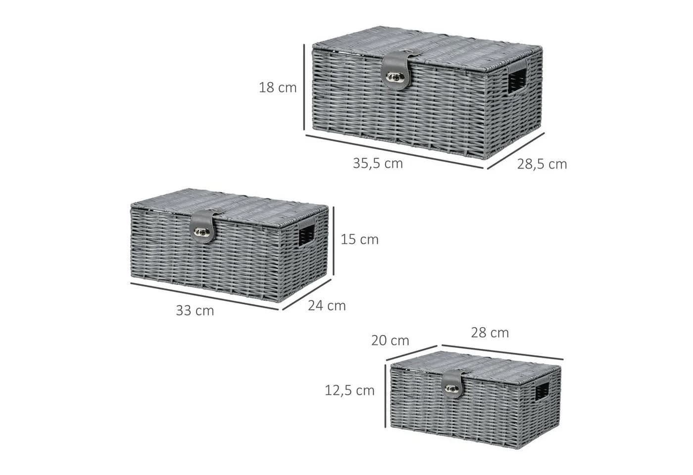 HOMCOM Aufbewahrungskorb 3er-Set Grau PP Metall mit Deckel - Bild 3