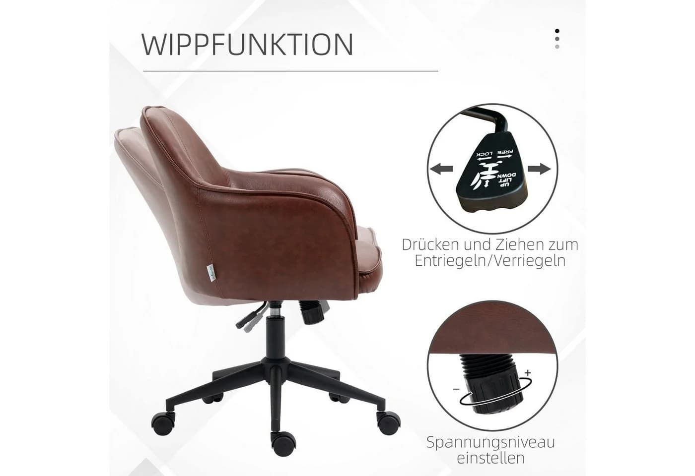 Vinsetto Bürostuhl Braun Kunstlederoptik Höhenverstellbar Kippfunktion - Bild 5
