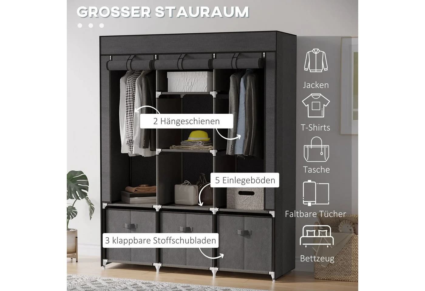 HOMCOM Faltbarer Kleiderschrank Dunkelgrau mit Schubladen und Hängestangen - Bild 4
