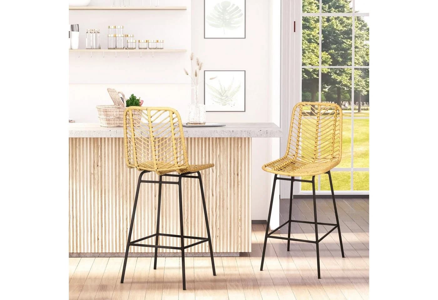 HOMCOM Barhocker Rattan 2er Set Gelb Schwarz Boho-Stil