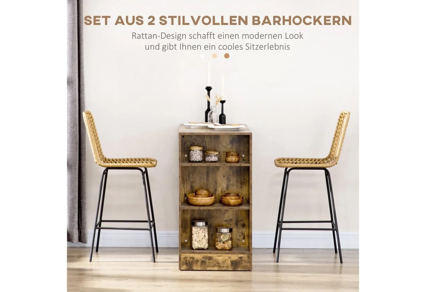 HOMCOM Barhocker Rattan 2er Set Gelb Schwarz Boho-Stil - Bild 4