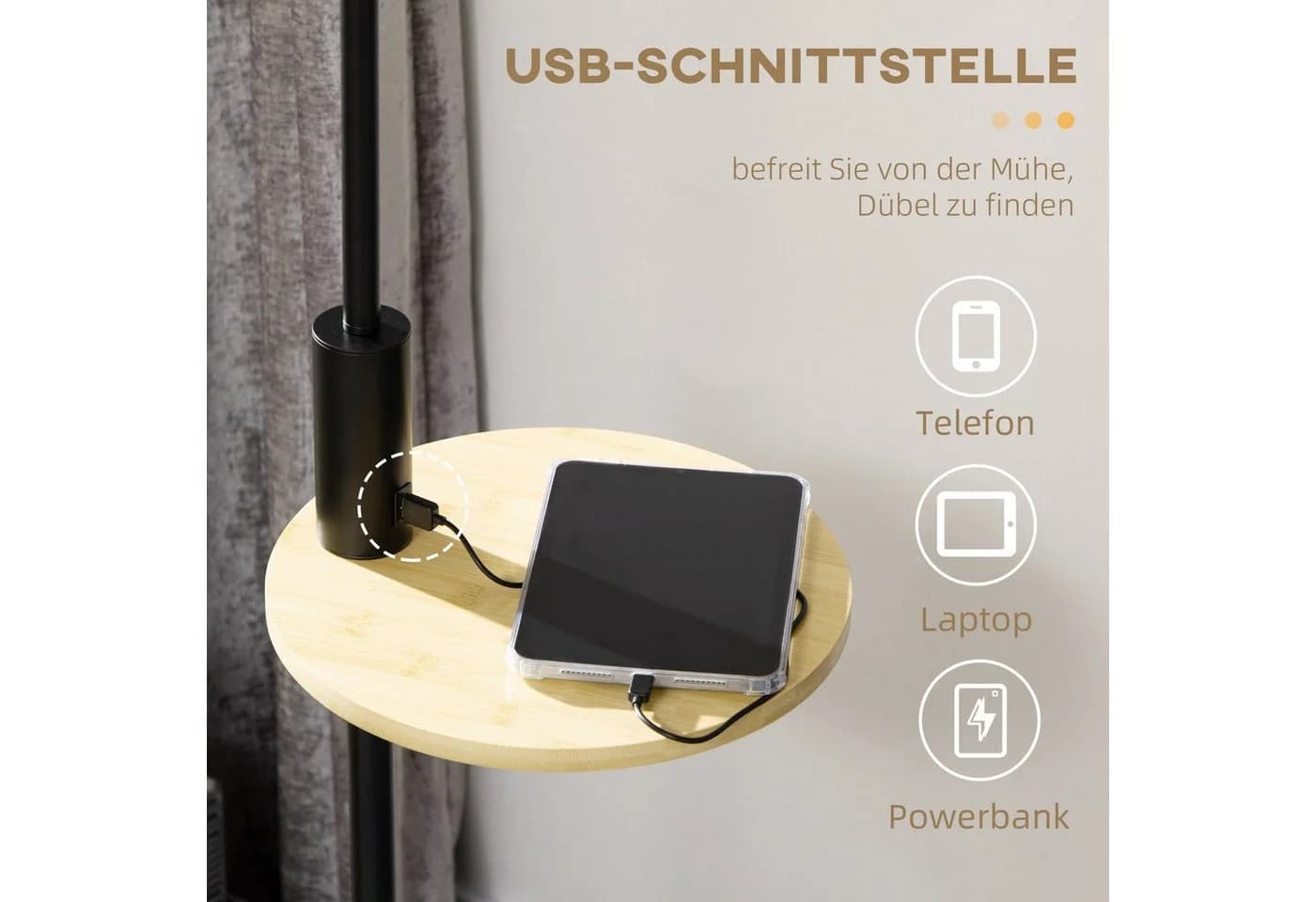 HOMCOM Stehlampe mit USB-Anschluss und Regal Weiß/Schwarz - Bild 5