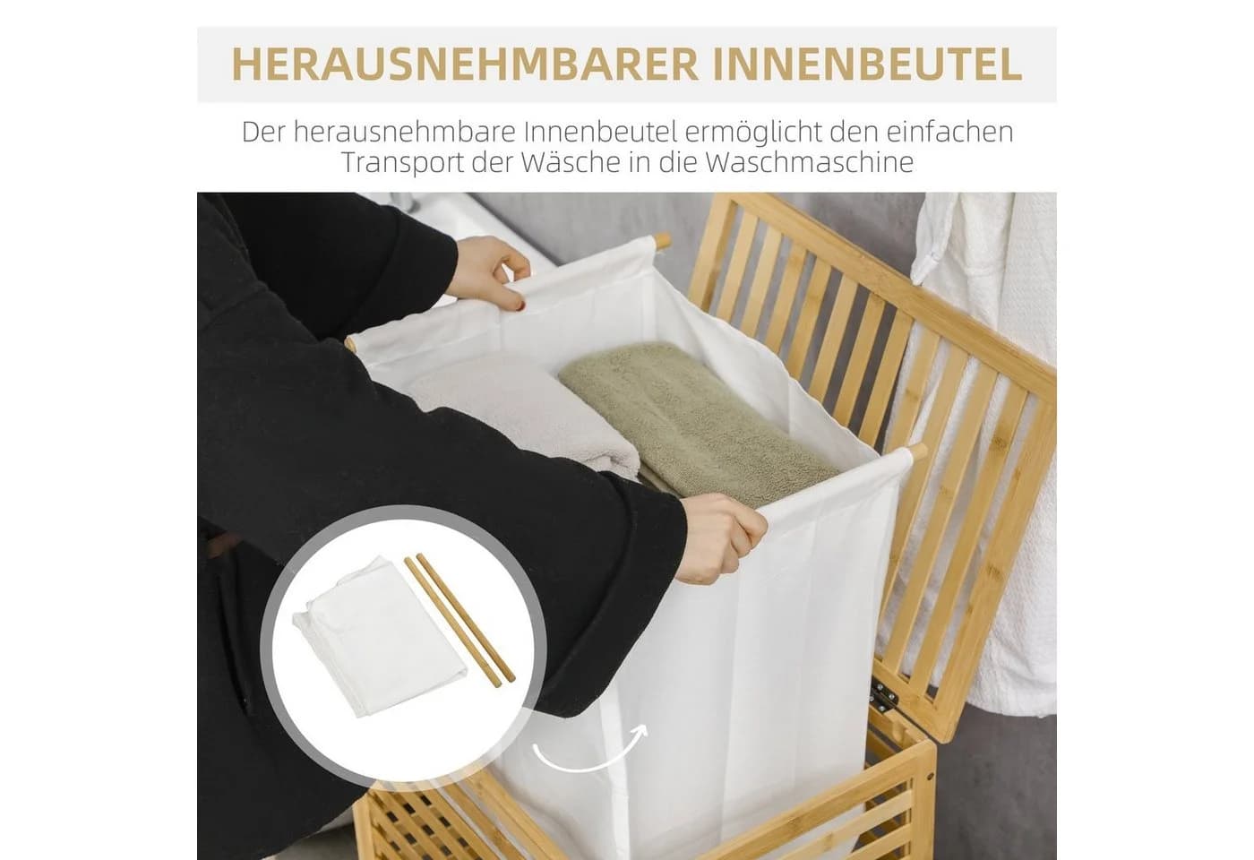 HOMCOM Wäschekorb 55L mit Deckel und Innenbeutel Bambus Natur - Bild 5