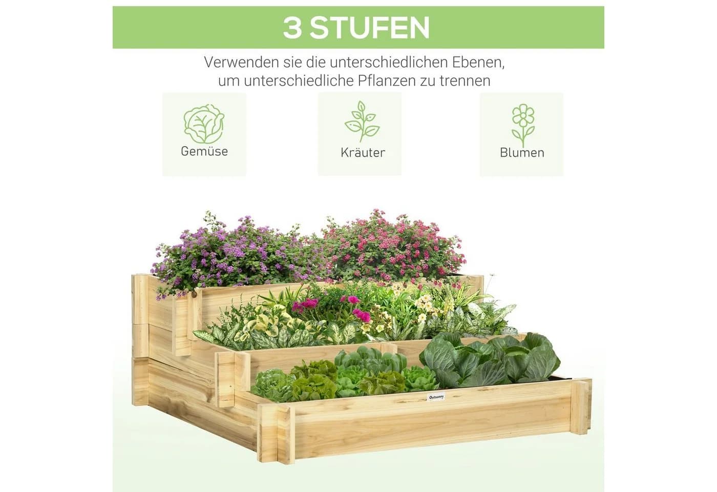 Outsunny Hochbeet 3-stufig Naturholz mit Stoffauskleidung - Bild 4