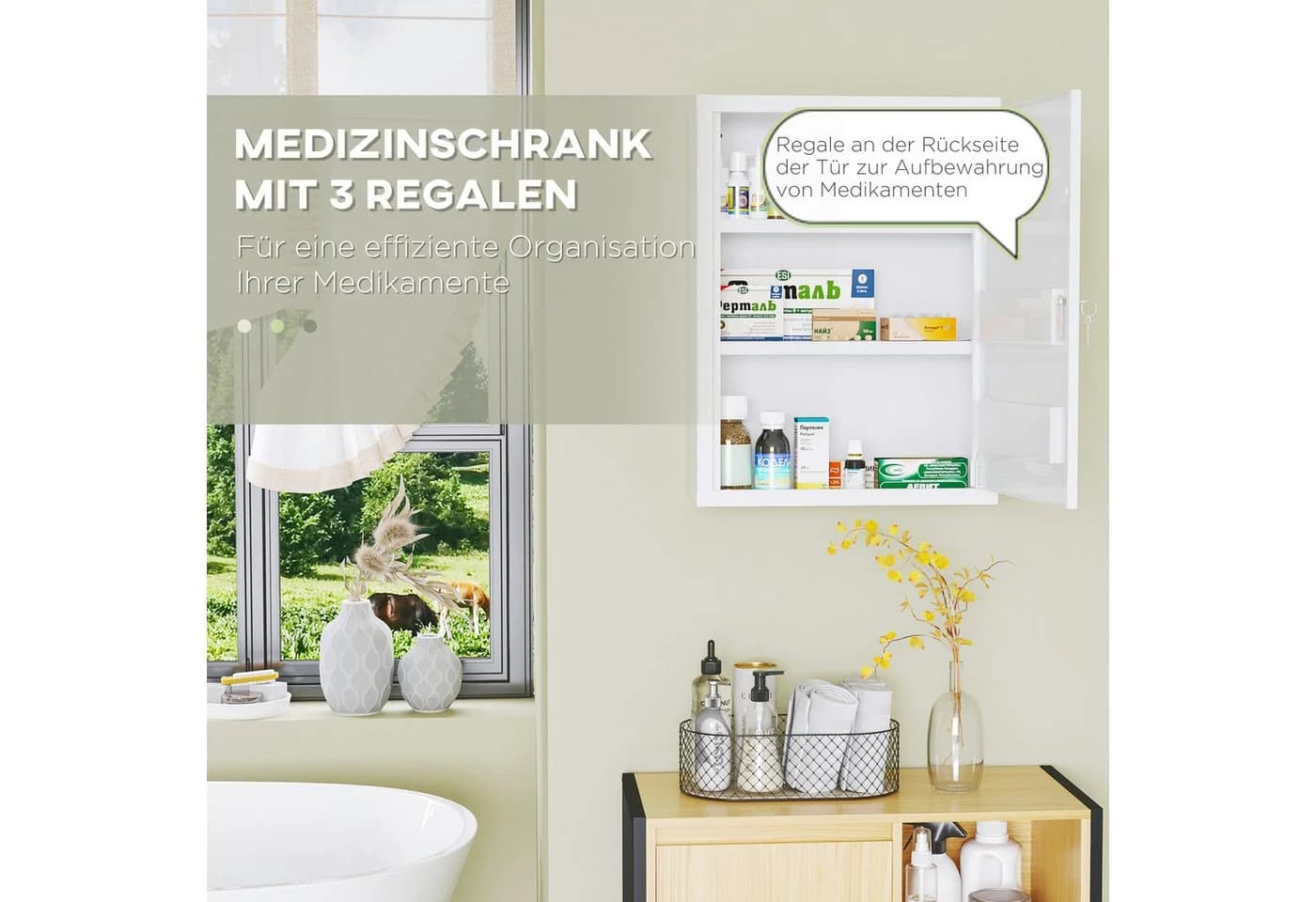Kleankin Medizinschrank Weiß 3 Fächer 2 Schlüssel - Bild 5