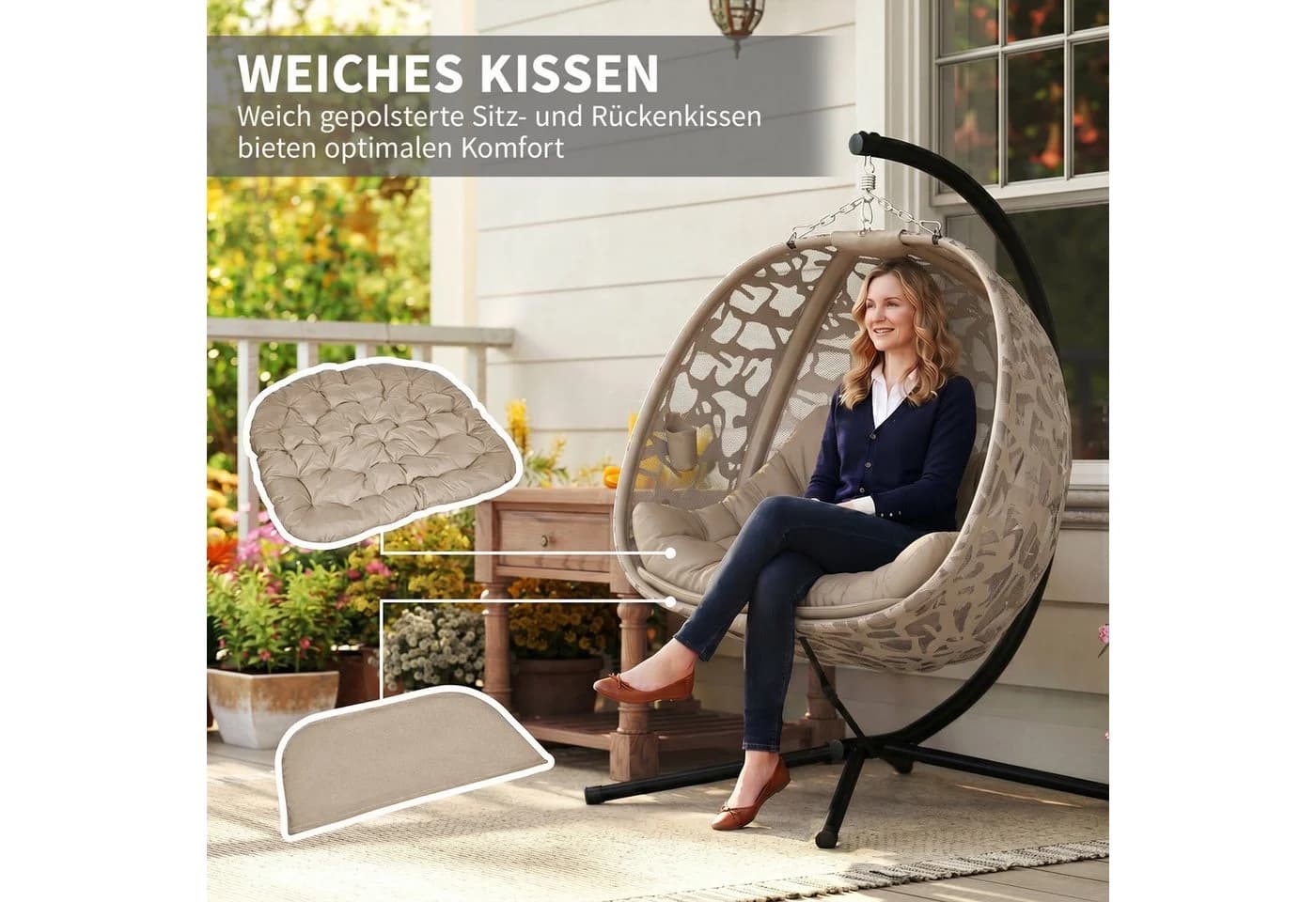 Outsunny Hängesessel mit Kissen Klappbar Sand Schwarz - Bild 5