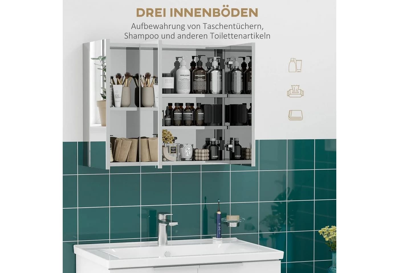 Kleankin Spiegelschrank Silber Edelstahl 3 Glastüren 5 Ablagen - Bild 4