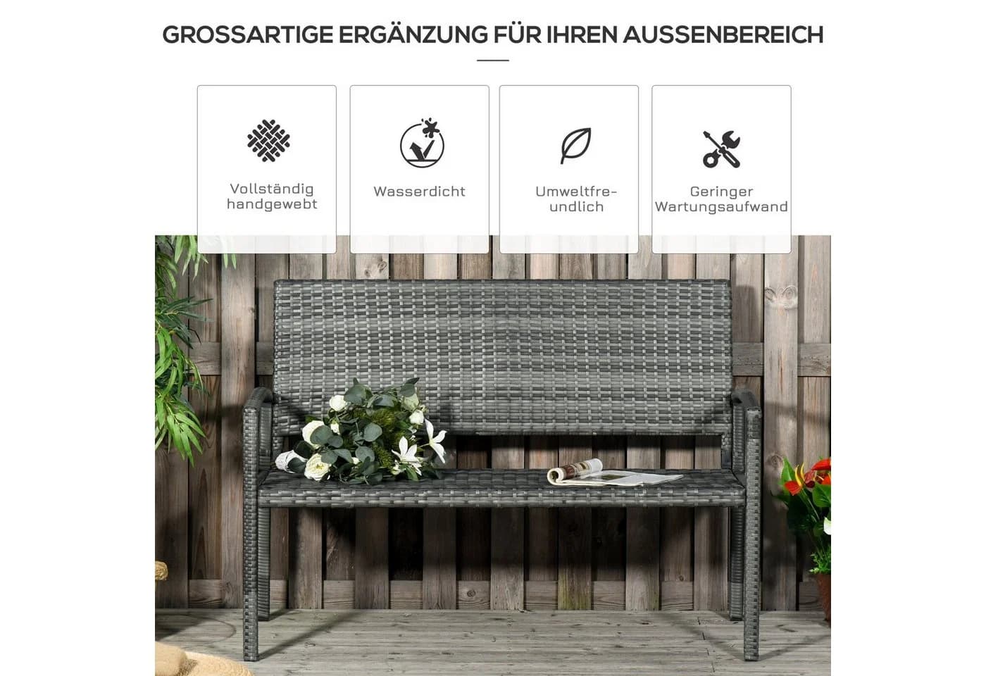 Outsunny Gartenbank Balkonbank Grau Stahlrahmen Polyrattan - Bild 4