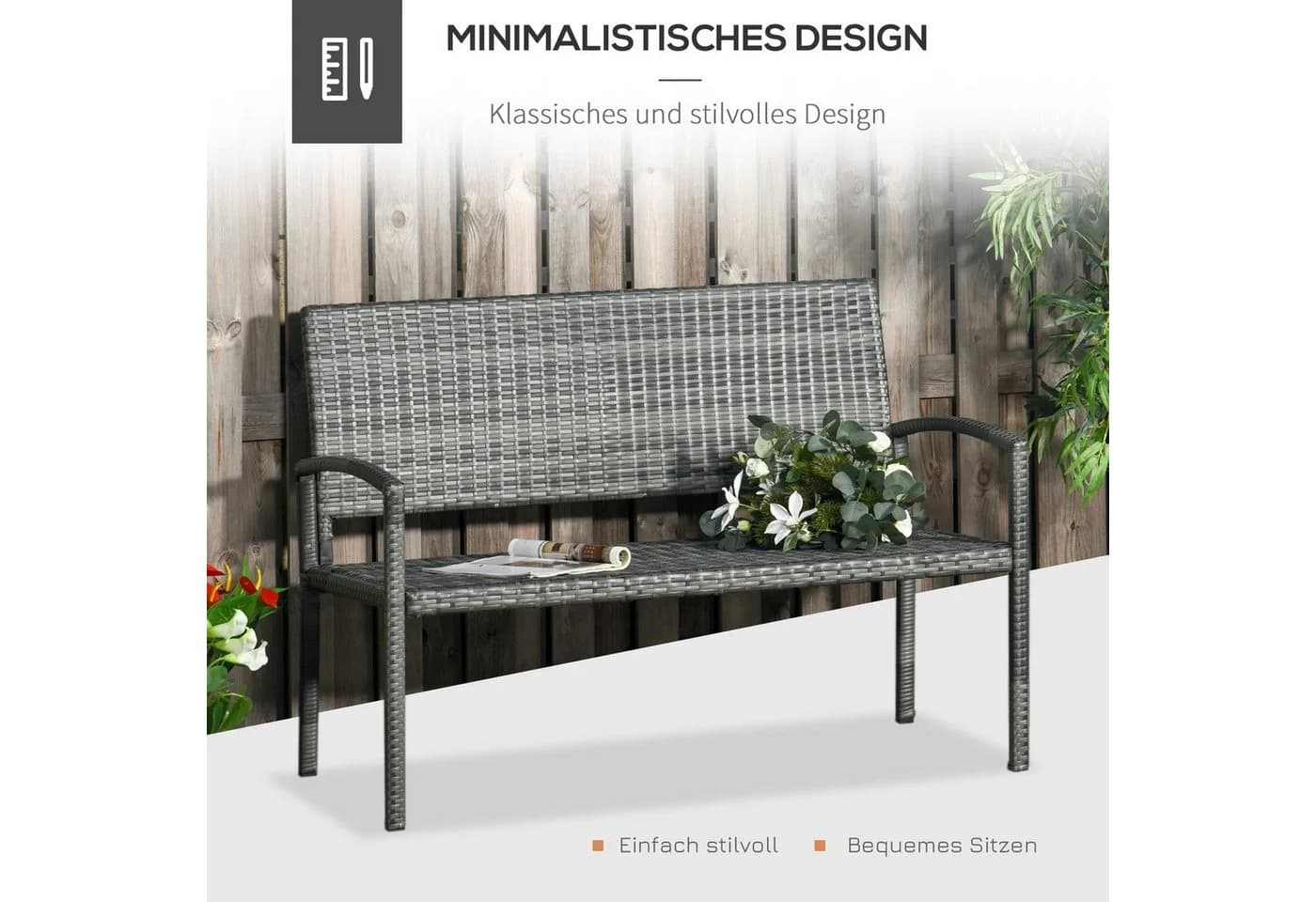 Outsunny Gartenbank Balkonbank Grau Stahlrahmen Polyrattan - Bild 5