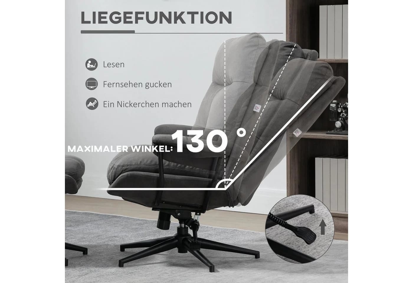 HOMCOM Polsterstuhl mit Fußhocker, verstellbare Rückenlehne, Grau/Schwarz - Bild 4
