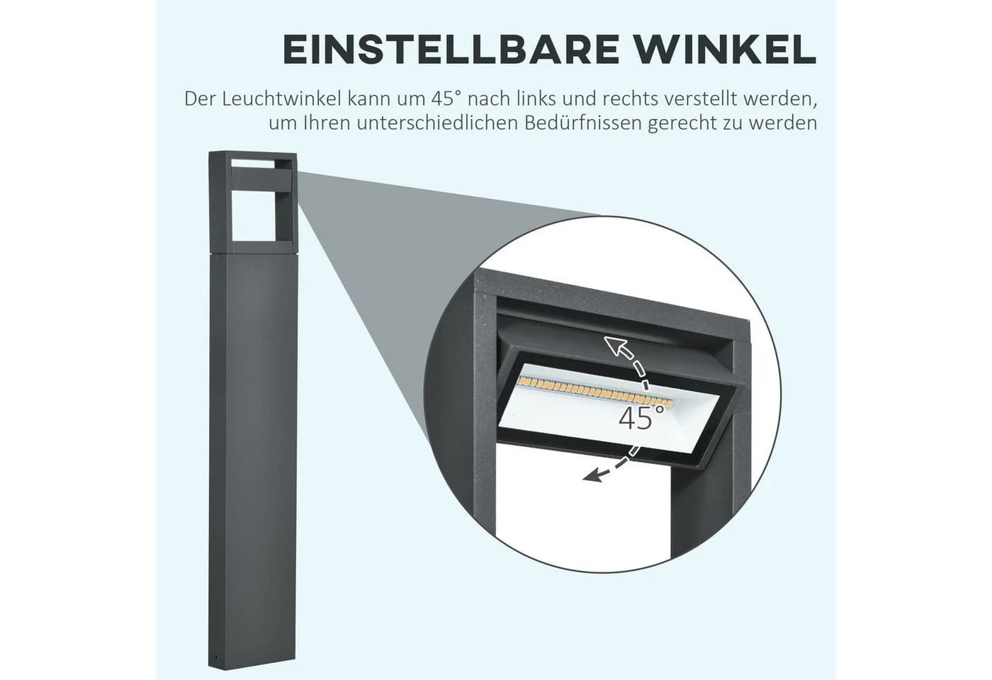 Outsunny LED Gartenleuchte Wegleuchte, Pfostenlicht mit LEDs, wetterbeständig, Dunkelgrau, Verstellbarer Neigungswinkel - Bild 5