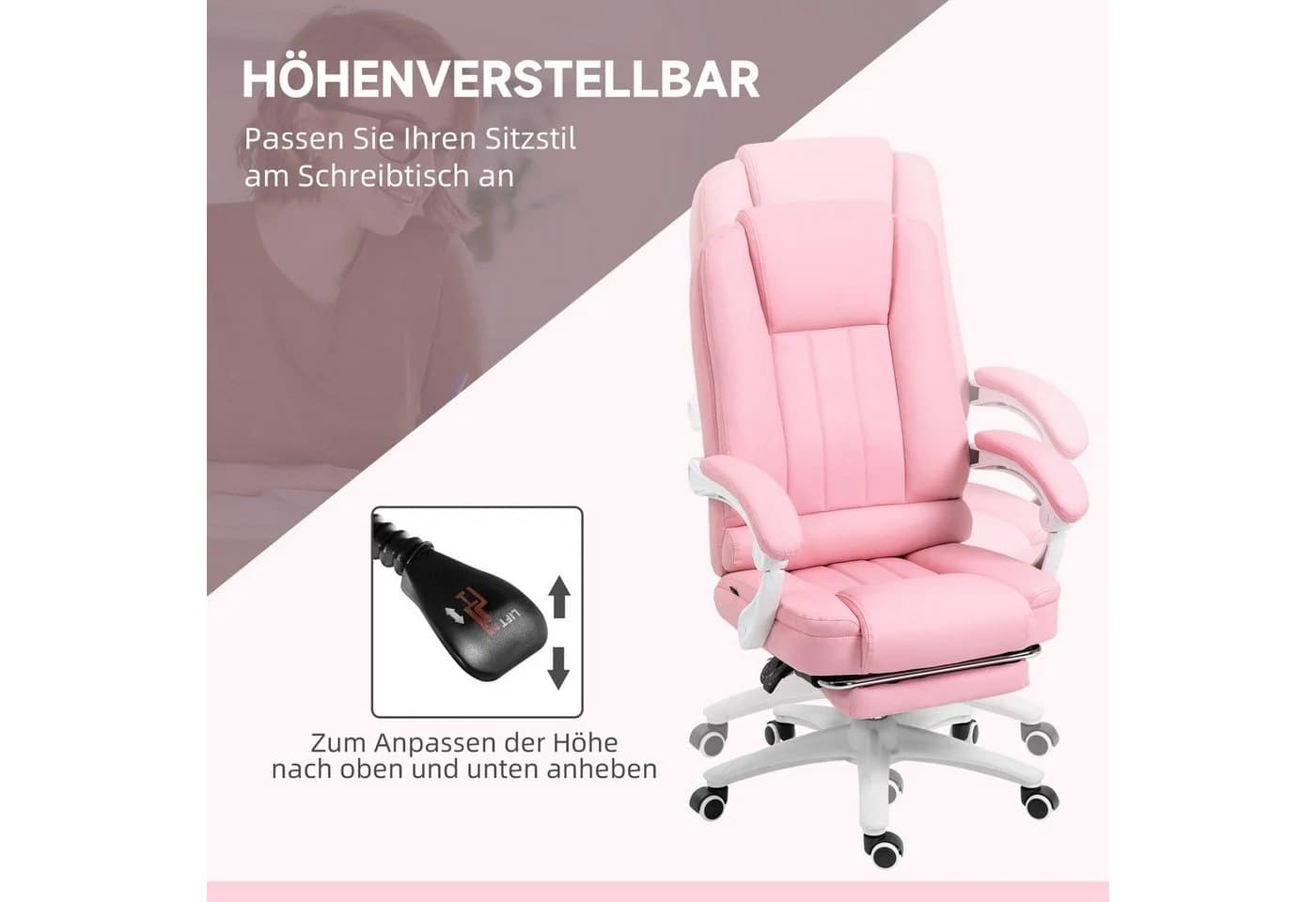 Vinsetto Bürostuhl Rosa mit Fußstütze und Liegefunktion - Bild 4