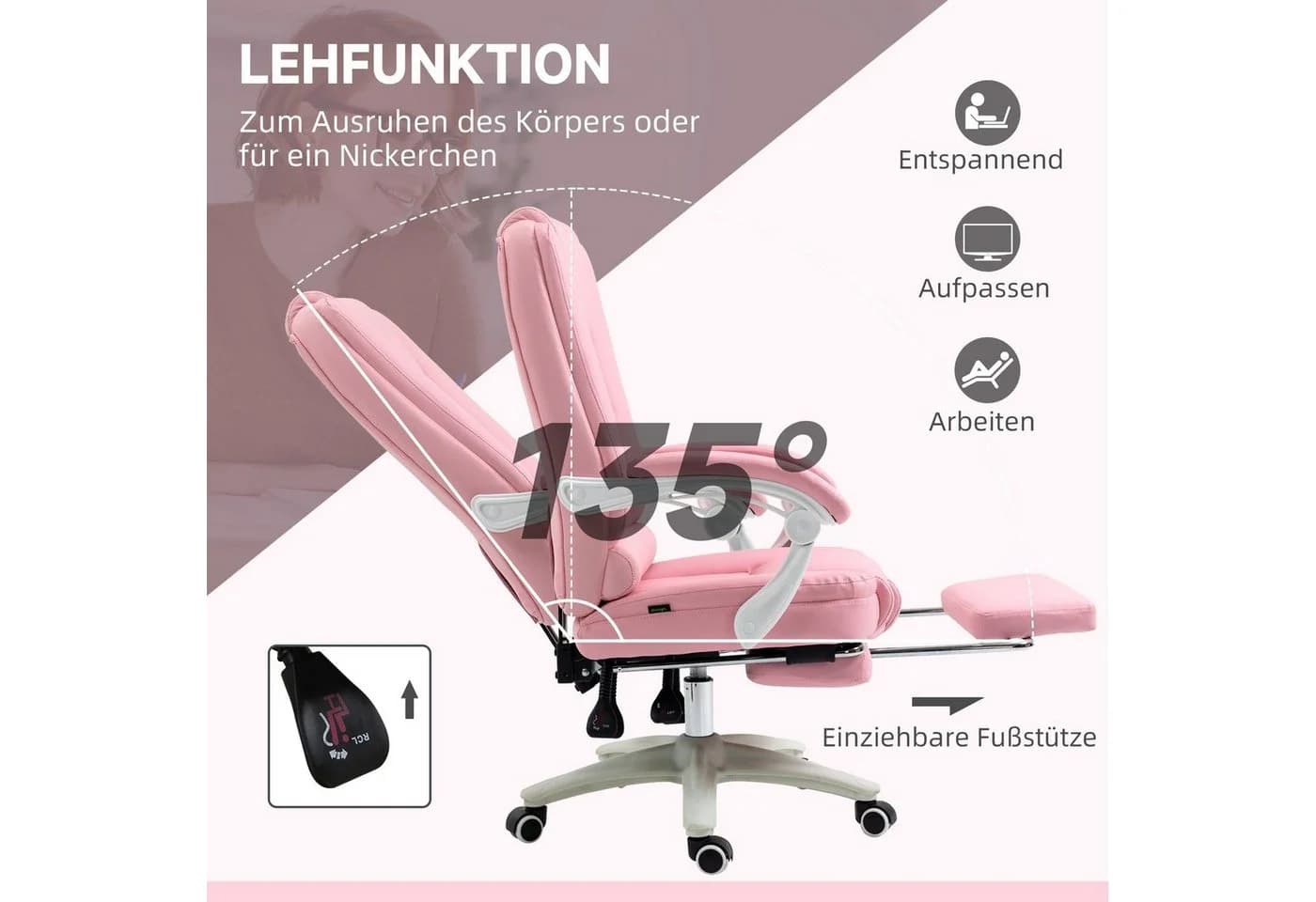 Vinsetto Bürostuhl Rosa mit Fußstütze und Liegefunktion - Bild 5