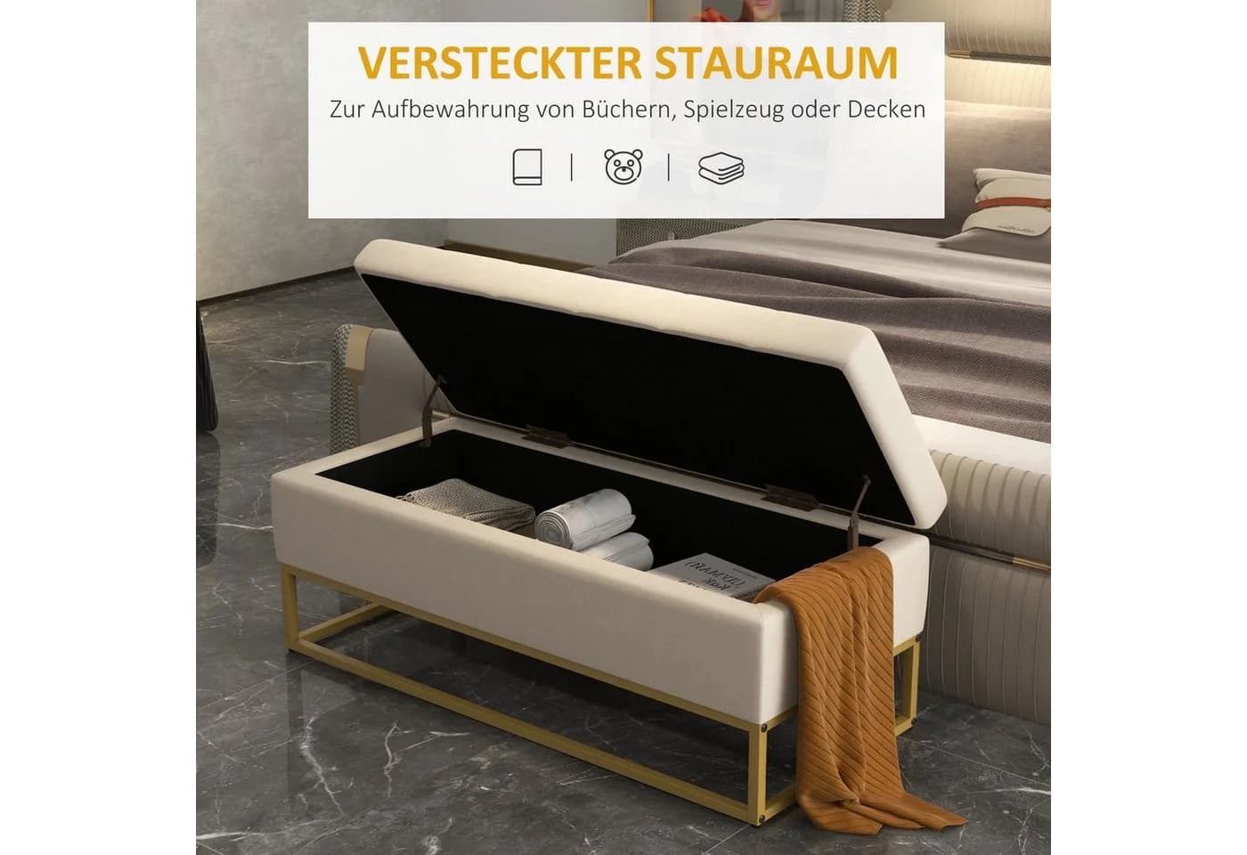 HOMCOM Sitzbank Truhenbank Beige mit Stauraum und Stahlbeine - Bild 4