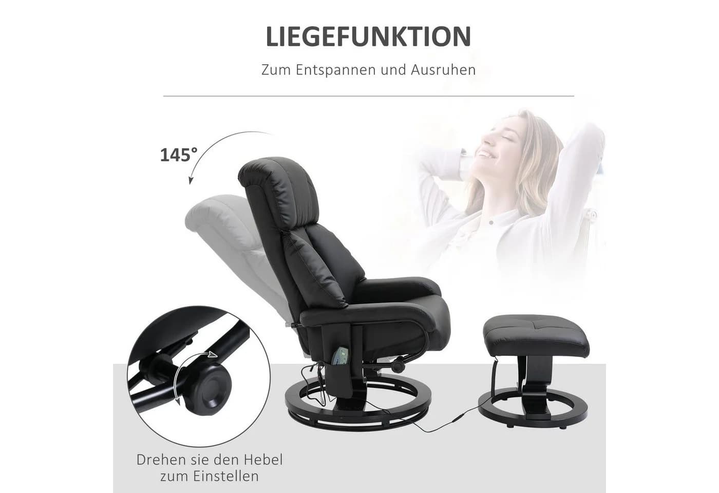 HOMCOM Massagesessel Relaxsessel mit Hocker Schwarz Kunstleder - Bild 5