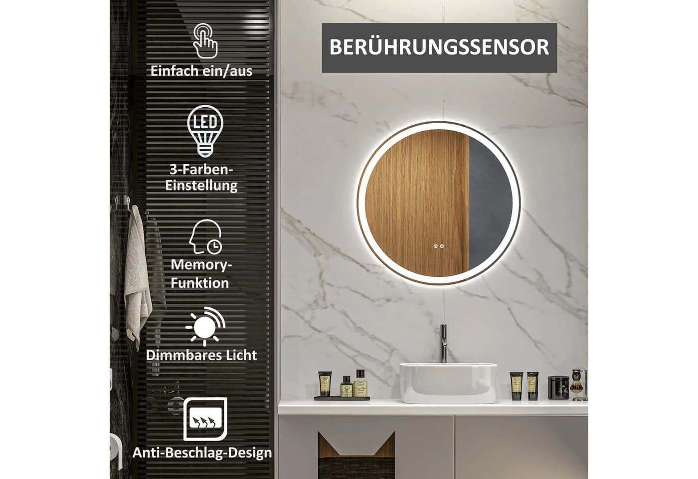 Kleankin LED Badezimmerspiegel 60cm Touch Weiß/Silber - Bild 4
