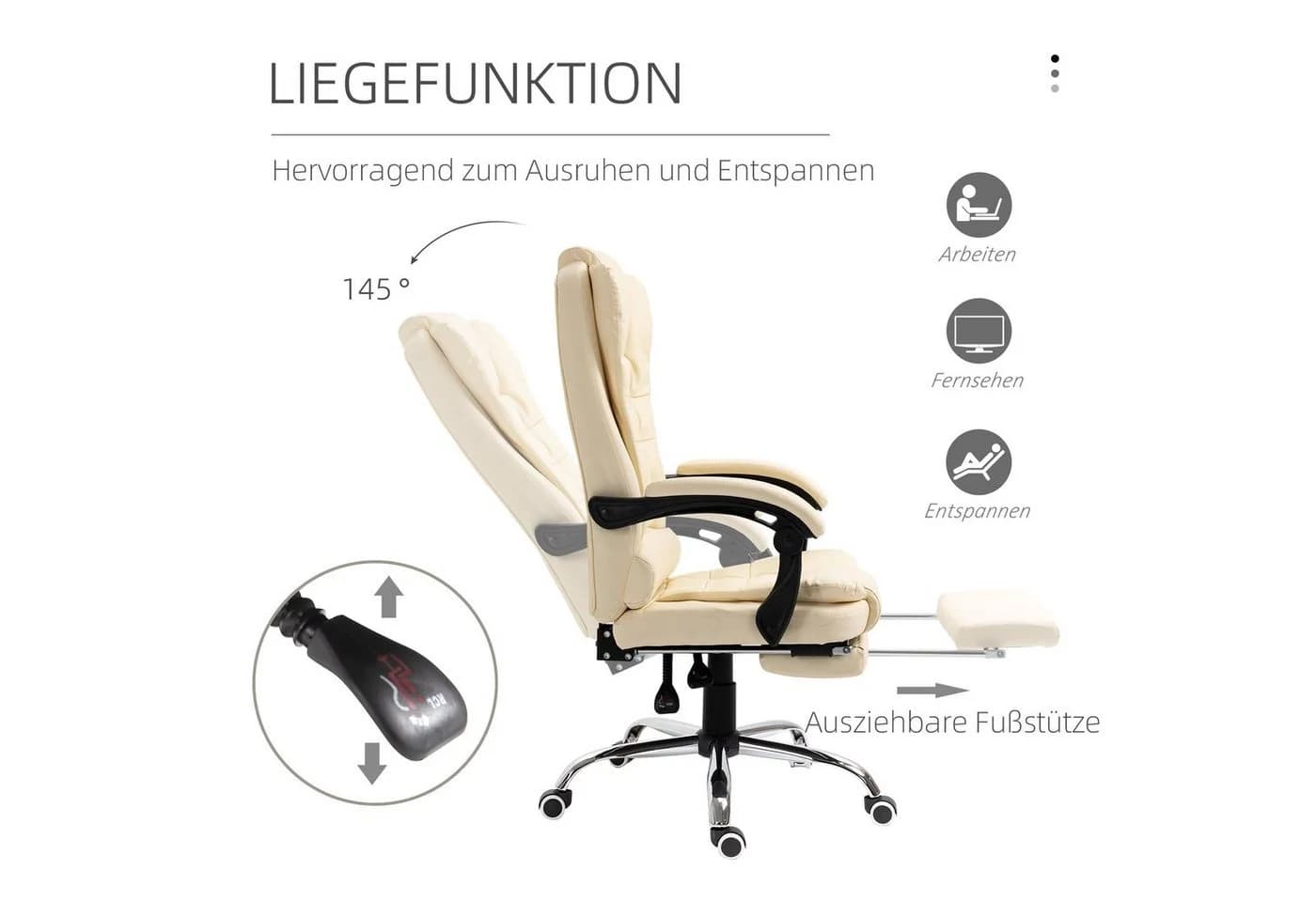 HOMCOM Schreibtischstuhl Cremeweiß mit Fußstütze und Neigefunktion - Bild 5