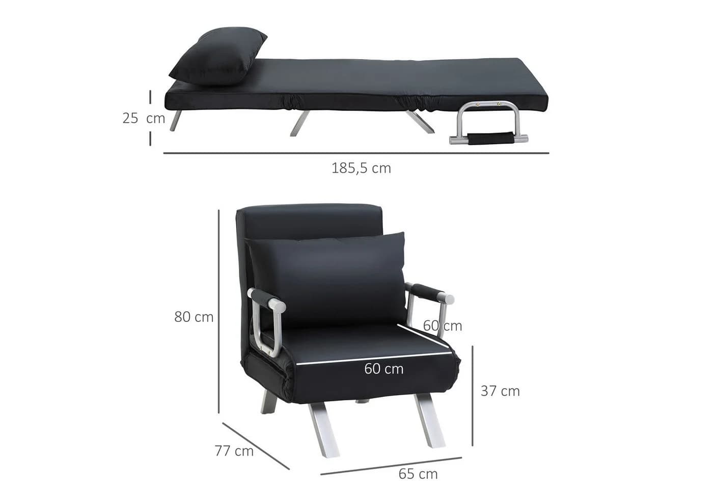 HOMCOM Schlafsessel 2-in-1 Schwarz mit Armlehne - Bild 3