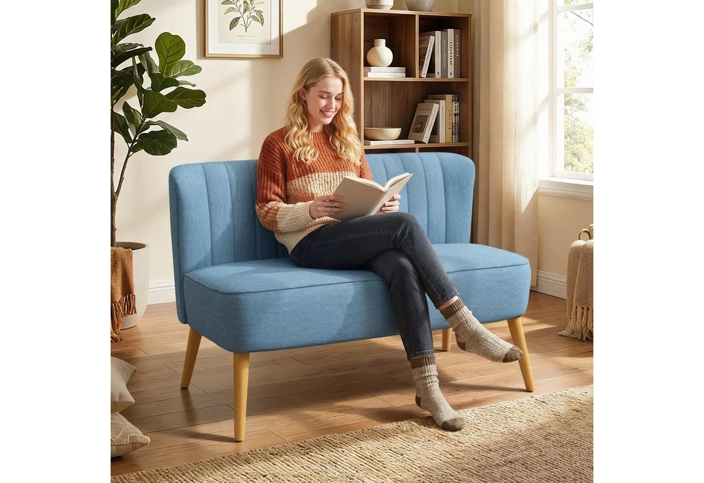 HOMCOM 2-Sitzer Sofa Blau Leinenoptik Massivholzbeine - Bild 2